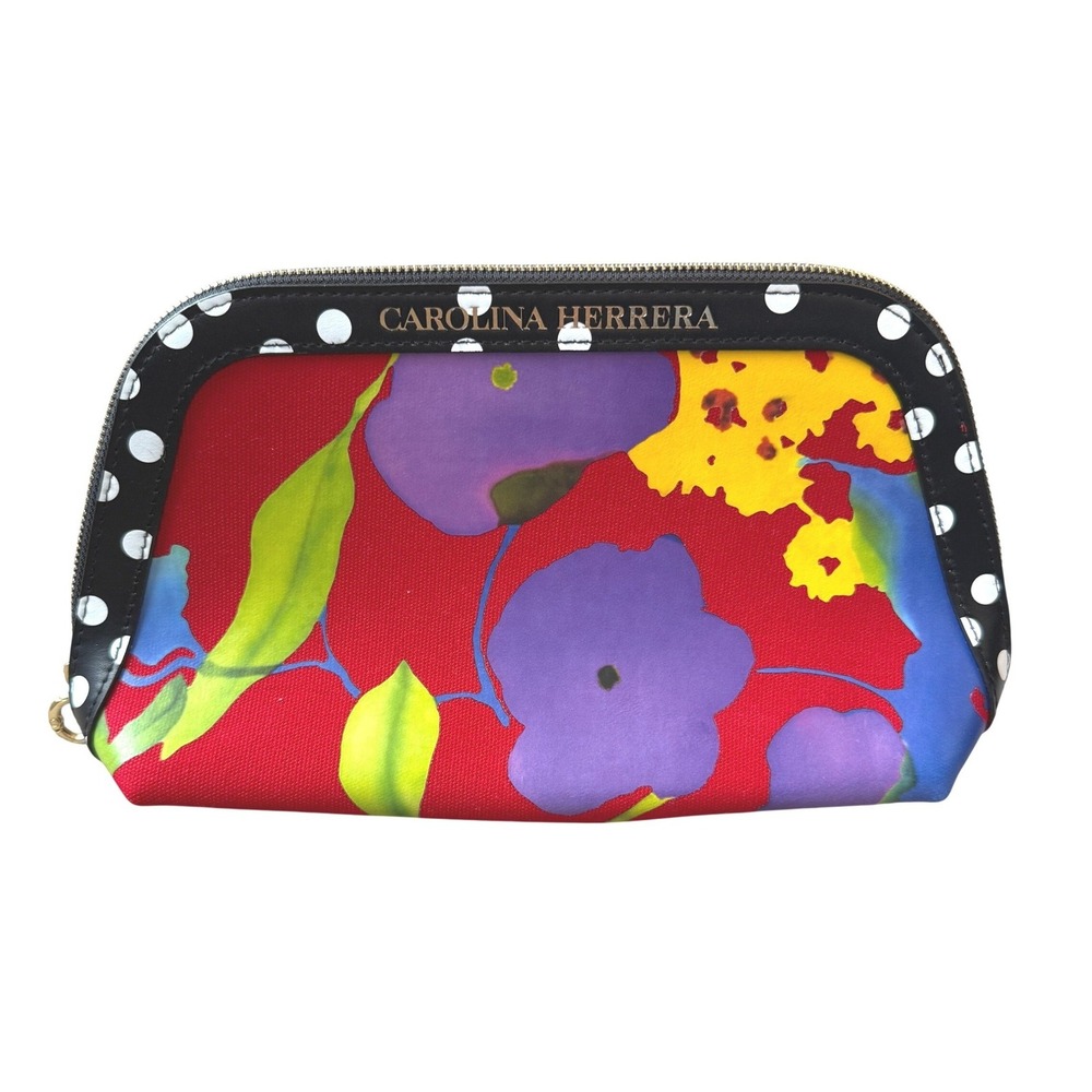 Carolina Herrera Red Floral Polka Dot Cosmetic Makeup Bag Travel Case